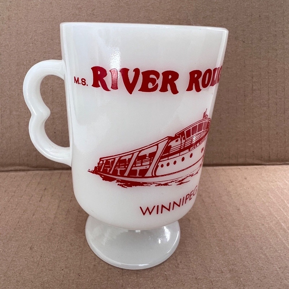 Lady Winnipeg River Rouge Cup Mug Red White 5" Tall Milk Glass Vintage Pedestal